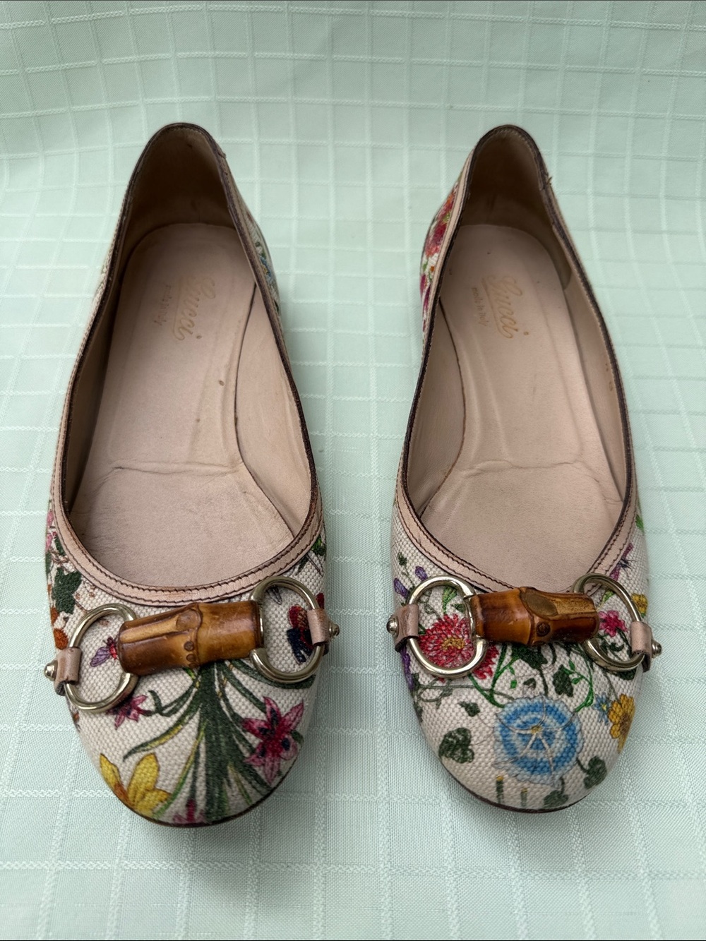 Vintage Gucci Floral Canvas Bamboo Bit Ballet Flats Multicolor